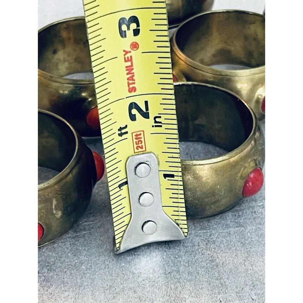 VTG Solid Brass Napkin Rings Set of 6 Faux Coral Cabochon Stone Table Decor Boho